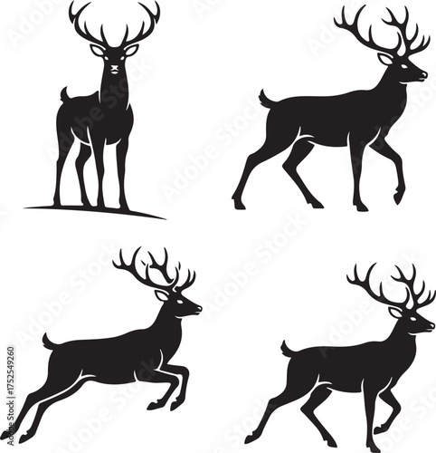 Majestic Deer Silhouettes: A striking set of four elegant deer silhouettes showcasing their majestic forms and embodying a sense of wild beauty.