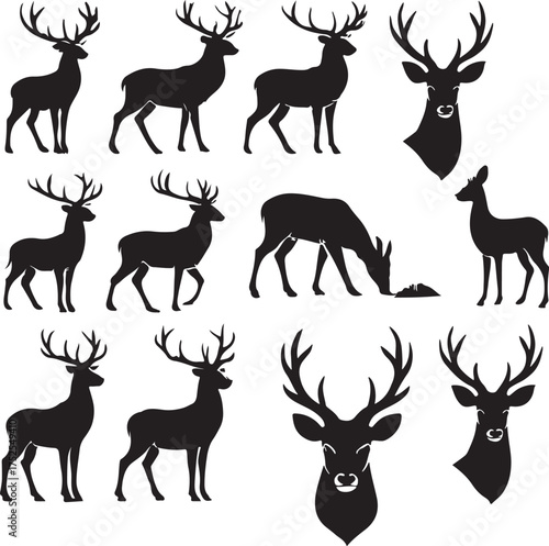 Deer Silhouette Collection: An exquisite assortment of deer silhouettes, gracefully posed, ideal for adding a touch of wild elegance to any design. A visual feast of wild animals.