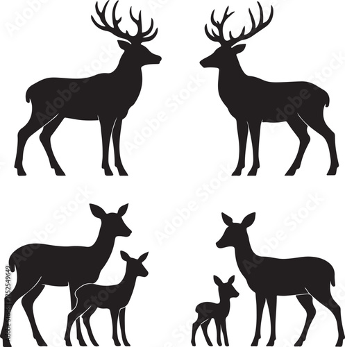 Deer Silhouette Collection: Four deer silhouettes in different poses are beautifully composed, each representing elegance and the wild in its own way, this image will surely enhance design projects.