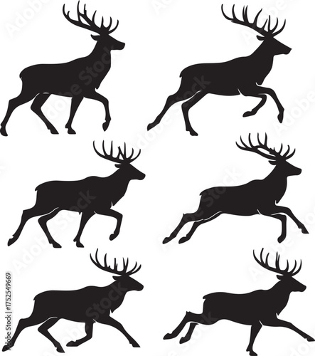 Silhouetted Stag Figures in Action: A striking collection of stag silhouettes, each frozen mid-motion, showcasing the power and elegance of the majestic creatures.