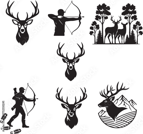 Deer and Archery Icon Set: A collection of silhouette illustrations featuring stags and archery activities, evoking a sense of tradition, skill, and appreciation for the natural world.