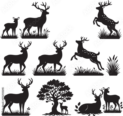 Deer Silhouette Collection: An array of elegant deer silhouettes, perfectly capturing the grace and beauty of these majestic creatures in various poses.