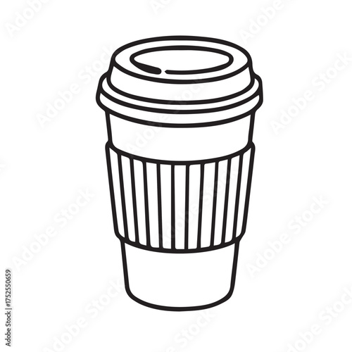 Vector monochrome artwork featuring coffee takeaway packaging, designed with crisp outlines and elegant proportions reflecting modern simplicity and cozy sophistication.