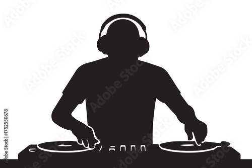 Vector depiction of a DJ silhouette playing music, rendered in monochrome tones highlighting passion, rhythm, and electronic dance performance energy.