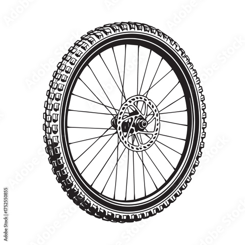 Vector monochrome depiction of a mountain bike wheel, focusing on circular geometry, spoke structure, and modern sporty design elements in black and white.