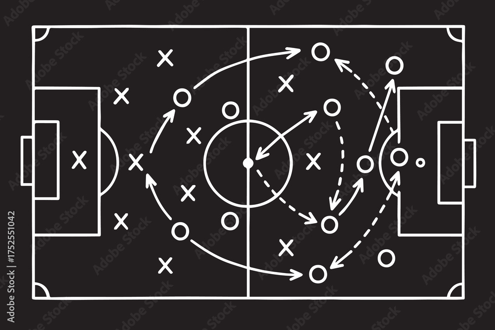 Fototapeta premium Minimalist black and white vector design representing soccer tactics illustrated on a chalkboard, complete with arrows, passes, and goal direction indicators.