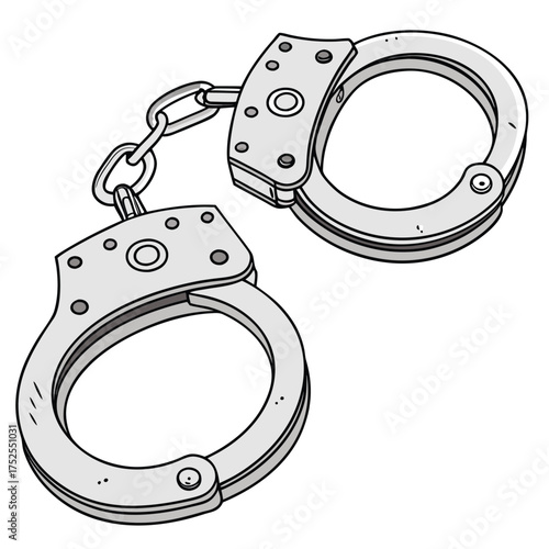 A pair of metallic handcuffs. The style is like a bold, comic book or cartoon drawing, featuring thick black outlines, a light gray color to represent the metal, and a short chain connecting the two.