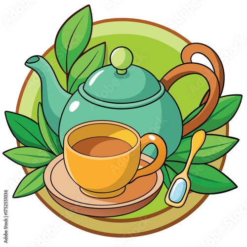 A teal teapot sits beside a warm cup of tea and leaves on white