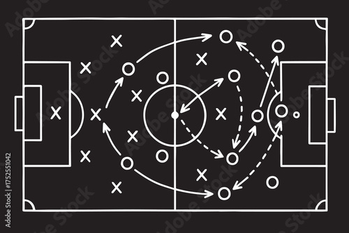Minimalist black and white vector design representing soccer tactics illustrated on a chalkboard, complete with arrows, passes, and goal direction indicators.