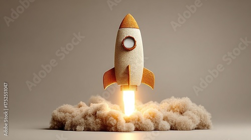 Rocket launching with smoke and fire against a neutral background.
