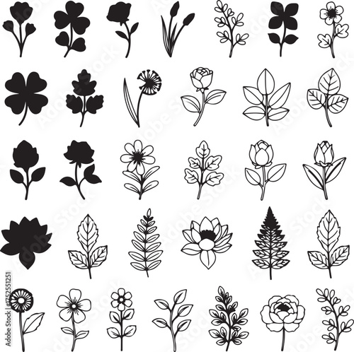Floral Silhouette: A collection of various botanical elements in elegant black and white, depicting intricate details of flowers, leaves, and other nature motifs.