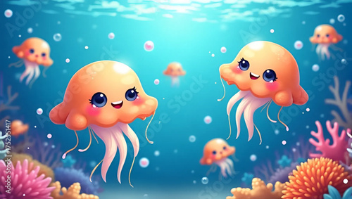 Vector illustration of cute cartoon jellyfish swimming happily, colorful coral reef with small fish, sunlit ocean - whimsical animal underwater, children's book, background
