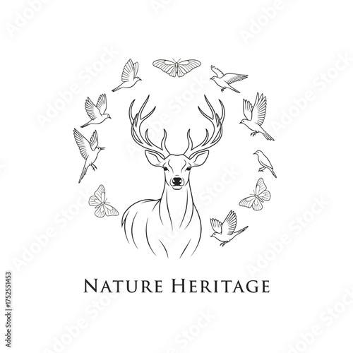 Elegant Deer and Birds Nature Emblem Vector Illustration