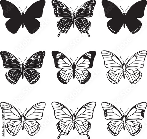Variety of Butterfly Imagery: A collection of butterflies in various patterns and designs. Capturing the detailed beauty and diversity of the insect world