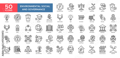 Environmental Social And Governance collection set. Renewable Energy, Sustainability, Innovation, Education,Stakeholder, Community , Zero Waste, Solution, icon. Simple outline vector illustration