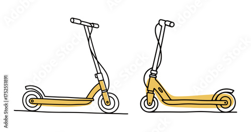 Set of Minimalist Kick Scooter Line Art with Yellow Color Accent, Hand Drawn Urban Transport Illustration