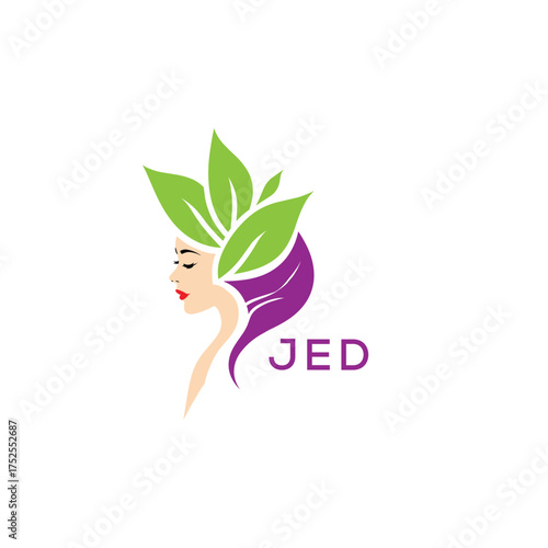 JED Natural Beauty Woman Leaf Logo. JED Design | Eco Friendly Spa and Herbal Cosmetics Branding Elegant JED Organic Beauty Symbol.
