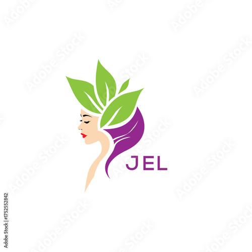 JEL Natural Beauty Woman Leaf Logo. JEL Design | Eco Friendly Spa and Herbal Cosmetics Branding Elegant JEL Organic Beauty Symbol.
