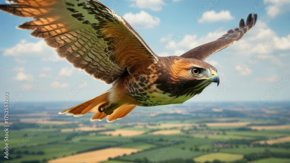 Fototapeta premium Red-tailed hawk in flight over a pastoral landscape