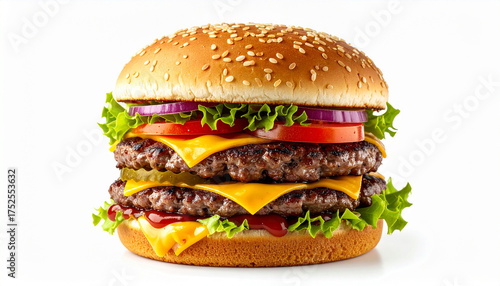 Double Beef Patty Hamburger Isolated on White Background
