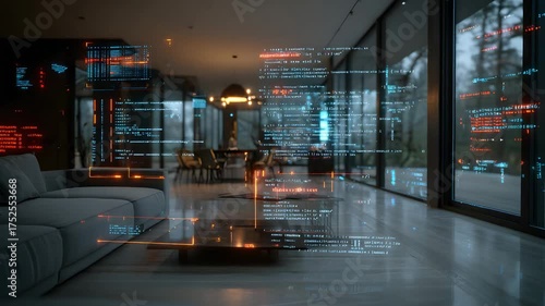 Futuristic living room displaying dynamic code overlays, creating a modern, tech-forward atmosphere ideal for innovation and technology concepts