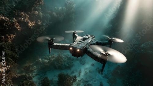 Underwater drone exploring vibrant coral reef with sunlight streaming through turquoise water, perfect for oceanography and marine life research footage