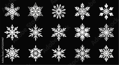 Set of Unique White Snowflakes on Black Background.
