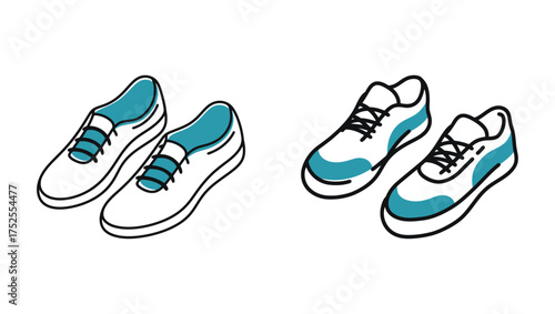 Continuous line art drawing of two pairs of running shoes with turquoise accents, sport and fitness footwear vector illustration.