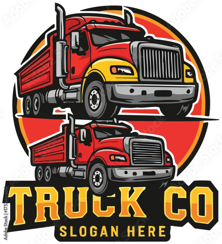 Heavy Duty Red Dump Truck Company Logo Emblem.