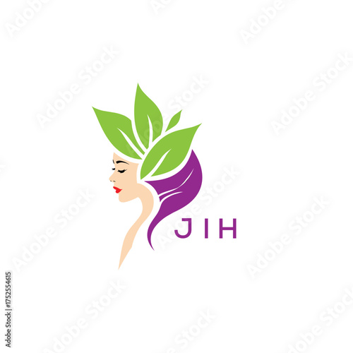 JIH Natural Beauty Woman Leaf Logo. JIH Design | Eco Friendly Spa and Herbal Cosmetics Branding Elegant JIH Organic Beauty Symbol.
