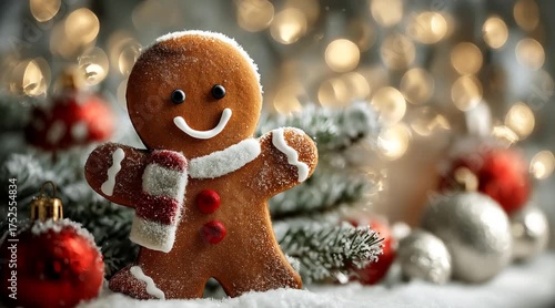 Adorable Gingerbread man with scarf, waving while standing in Christmas snowy scene, copy space