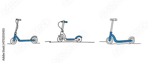Continuous line art drawing of three kick scooters with blue accents, modern urban transportation and outdoor activity vector illustration.