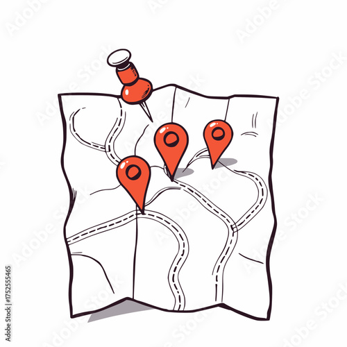 Detailed illustration of a folded paper map with multiple red location pins and a large pushpin marking a specific point on the roads