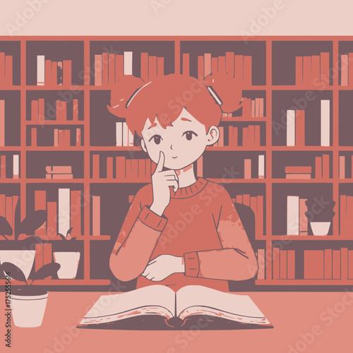 A Young Girl Deep in Thought While Reading a Book in a Cozy Library Setting Surrounded by Shelves of Books