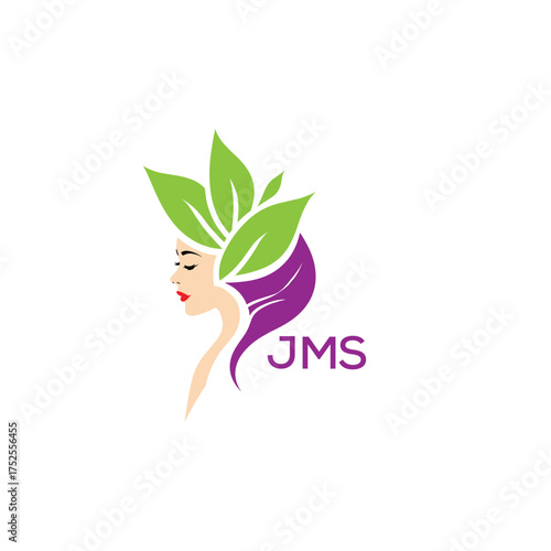 JMS Natural Beauty Woman Leaf Logo. JMS Design | Eco Friendly Spa and Herbal Cosmetics Branding Elegant JMS Organic Beauty Symbol.
