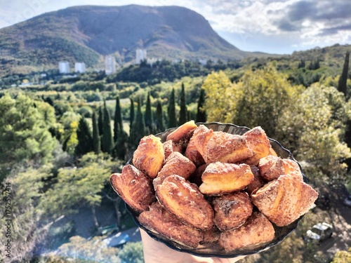 Wallpaper Mural homemade cakes. cookies on a platter in close-up. cooking. beautiful background, mountain landscape, nature Torontodigital.ca
