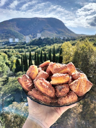 Wallpaper Mural homemade cakes. cookies on a platter in close-up. cooking. beautiful background, mountain landscape, nature Torontodigital.ca