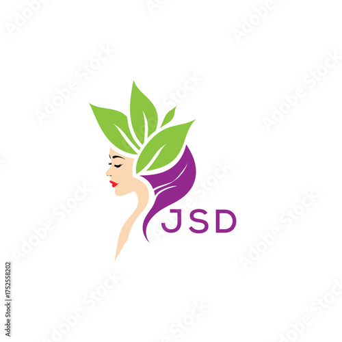 JSD Natural Beauty Woman Leaf Logo. JSD Design | Eco Friendly Spa and Herbal Cosmetics Branding Elegant JSD Organic Beauty Symbol.
