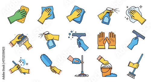 A collection of cleaning icons depicting hands in gloves using various tools like sponges, spray bottles, squeegees, dusters, mops, and brushes.