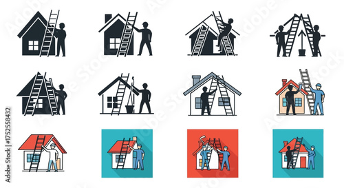 Set of illustrations depicting roof repair and construction, showing workers with ladders, houses, and tools in various stages of the process.