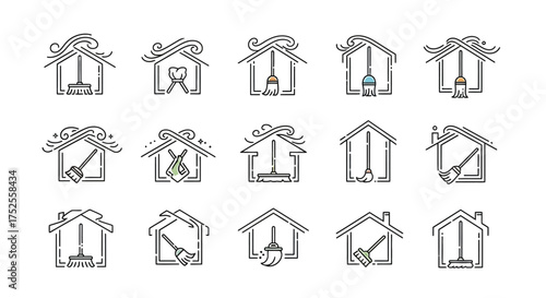 Collection of fifteen house-shaped icons depicting various cleaning tools like brooms, mops, and dustpans, suggesting home cleaning services.