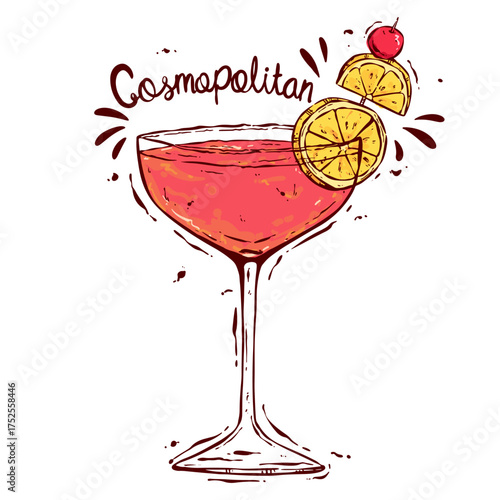 Cosmopolitan Cocktail with Lemon and Cherry Garnish in Colorful Hand-Drawn Style