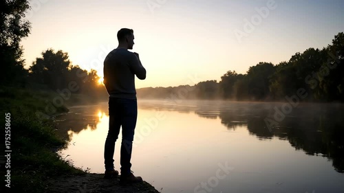 Man Standing Silhouetted Watching River at Sunrise Misty Morning