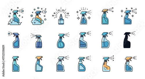 A collection of spray bottle illustrations in various styles, depicting cleaning and disinfection, with some bottles emitting spray.
