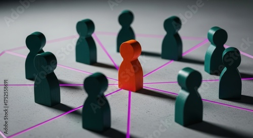 Orange leader figure at the center of a connected network of green wooden people