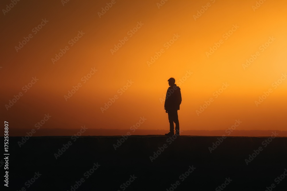 Fototapeta premium Silhouette of man standing alone at sunset with warm orange glow filling the sky, representing solitude, reflection, and peaceful connection with nature in minimal evening landscape