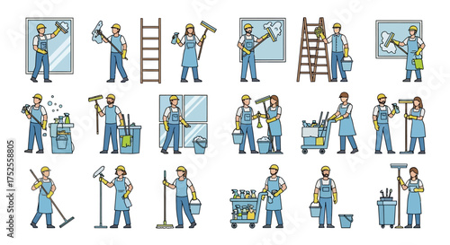A collection of illustrations depicting a window cleaner performing various cleaning tasks with tools like squeegees, ladders, buckets, and cleaning carts.