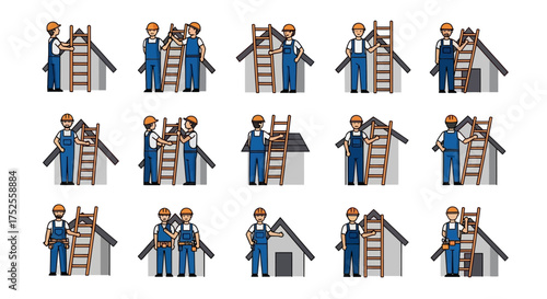 A collection of construction worker characters in various poses, working on a house roof with a ladder and tools.