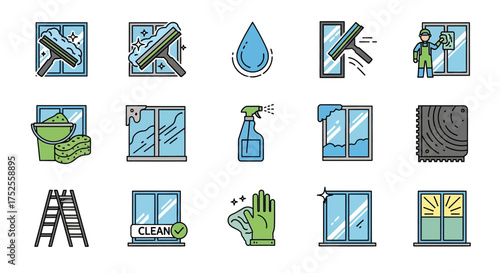 A collection of colorful line icons illustrating window cleaning services, tools, and the process from dirty to clean.
