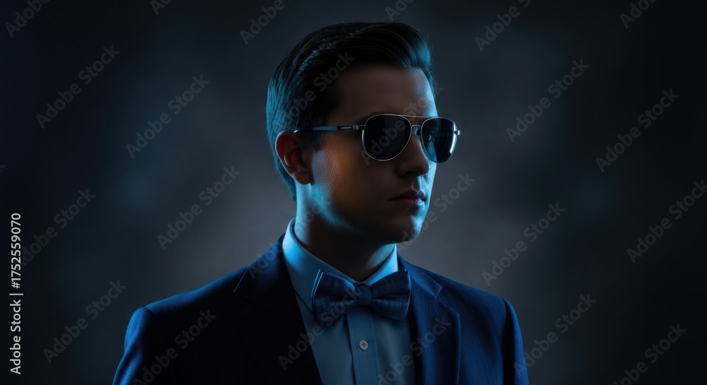 Obraz premium Mysterious man in a stylish suit and sunglasses with dramatic blue lighting